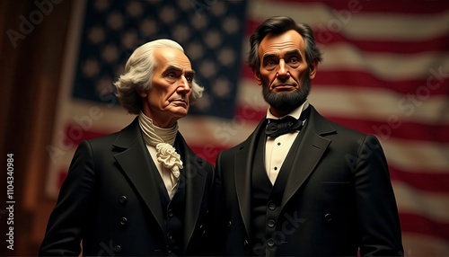 Historical Portrait of Two Significant American Leaders Against a Flag Backdrop