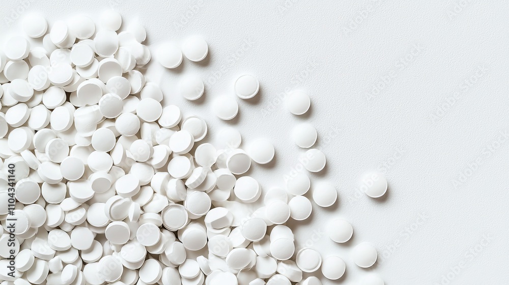  a pile of white pills on a white surface, providing a stark contrast between the two colors The pills appear to be of various sizes and shapes, and the white color