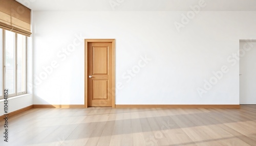 Wooden door opens to an empty  classic room with parquet floor and vintage interior