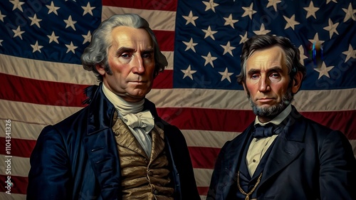 Prominent Figures in American History Stand Together Against a Patriotic Backdrop