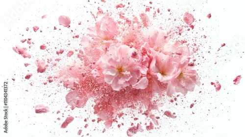  a bunch of pink cherry blossom flowers with pink powder exploding out of them against a white background The resolution of the image is 1920x1080, making it suitab