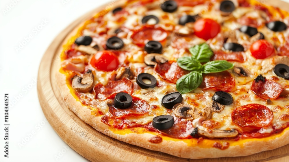 a pizza with pepperoni, mushrooms, and olives on a wooden cutting board The pizza is topped with a variety of toppings, including cheese, pepperoni slices, and mus a pizza with pepperoni, mushrooms, and olives on a wooden cutting board The pizza is topped with a variety of toppings, including cheese, pepperoni slices, and mus