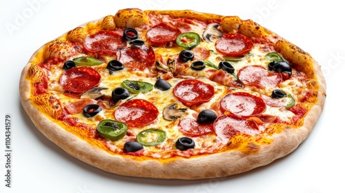  a pizza with pepperoni, mushrooms, and olives on a white background