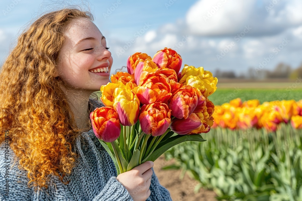 Smiling Woman Enjoying a Vibrant Tulip Field on a Sunny Day Smiling Woman Enjoying a Vibrant Tulip Field on a Sunny Day