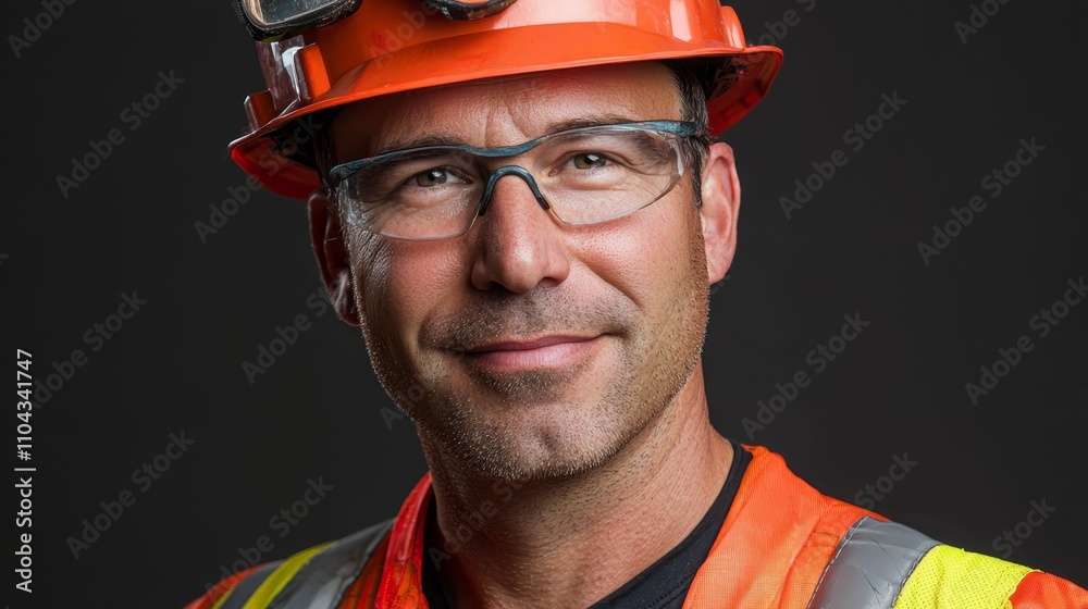 a man wearing an orange hard hat and safety glasses, with a smile on his face, against a dark background a man wearing an orange hard hat and safety glasses, with a smile on his face, against a dark background
