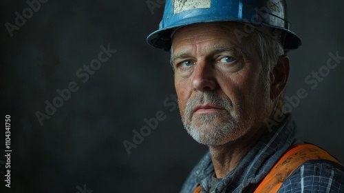  a man wearing a blue hard hat and an orange safety vest He is standing in a dark background