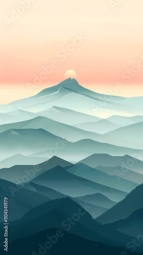 A breathtaking sunset over layered mountain peaks, creating a serene atmosphere with soft gradients in pastel colors.