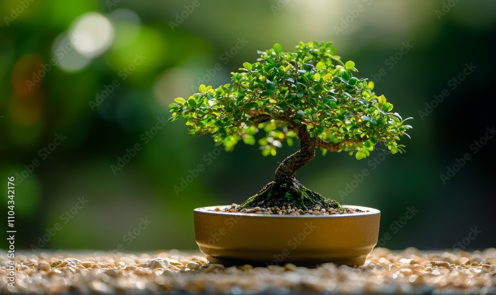 A close-up of a small bonsai tree in a round pot, surrounded by tiny gravel and a blurred background of natural greenery A close-up of a small bonsai tree in a round pot, surrounded by tiny gravel and a blurred background of natural greenery