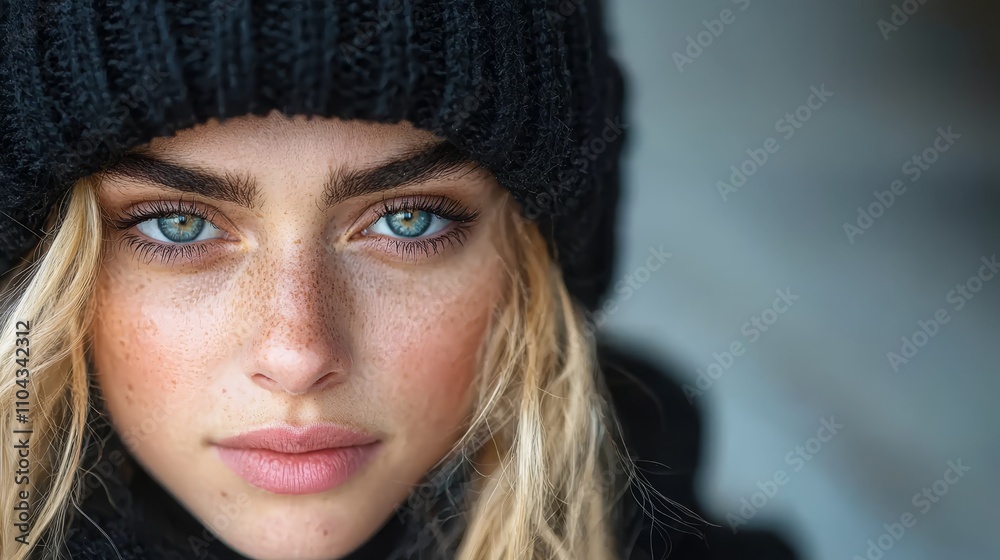 a woman with freckled hair wearing a black hat and a black dress The background is blurred, giving the focus to the woman and her hat a woman with freckled hair wearing a black hat and a black dress The background is blurred, giving the focus to the woman and her hat