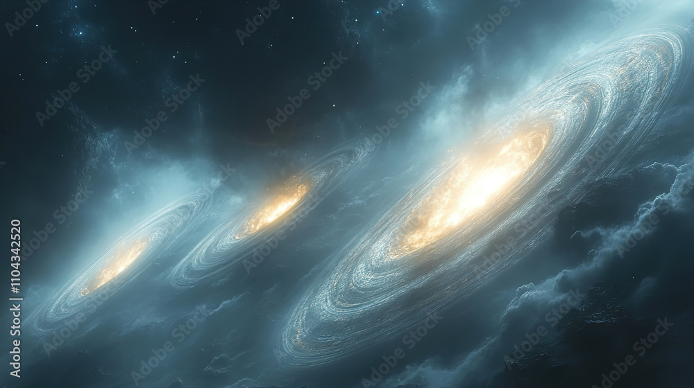 Fototapeta premium Stunning view of three spiral galaxies amidst swirling cosmic clouds in deep space. Generative AI