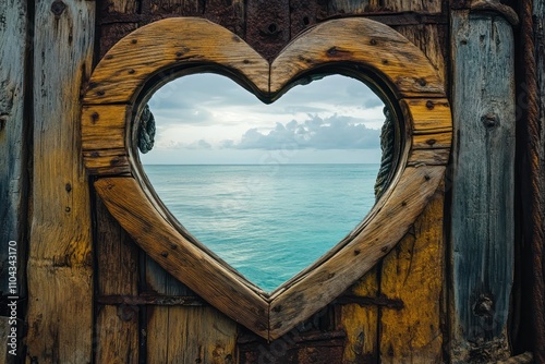 A heart-shaped porthole on an old wooden ship, looking out at a serene ocean view,