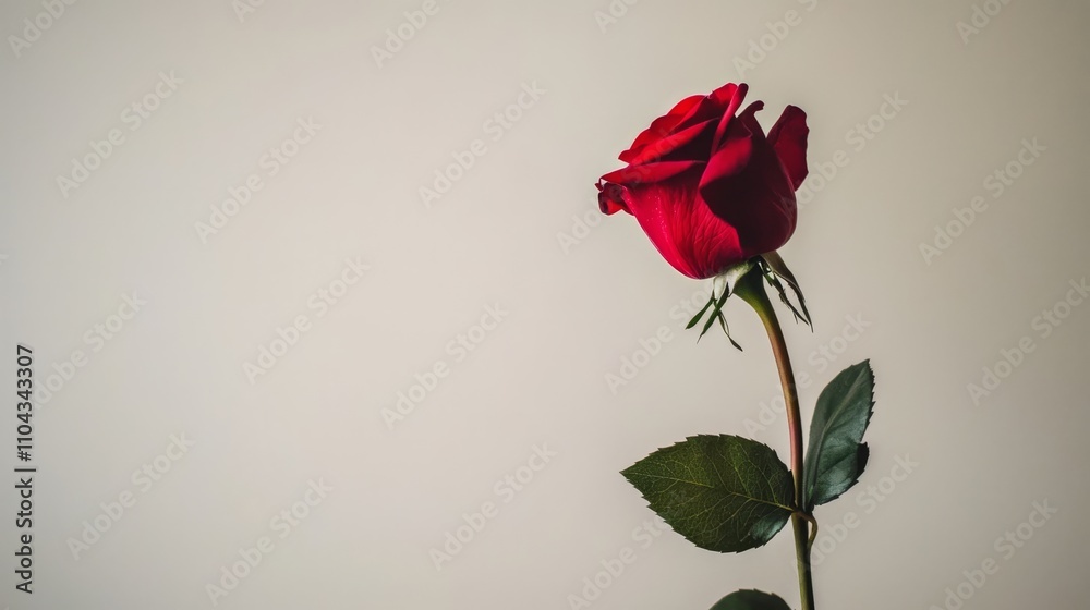 a single red rose with its stem and leaves on a white background a single red rose with its stem and leaves on a white background