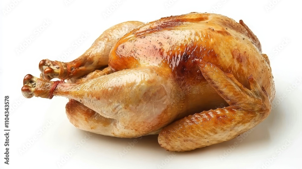 a roasted turkey on a white background, with its golden-brown skin glistening in the light Its wings are spread out, and its legs are tucked in close to its body, a roasted turkey on a white background, with its golden-brown skin glistening in the light Its wings are spread out, and its legs are tucked in close to its body,