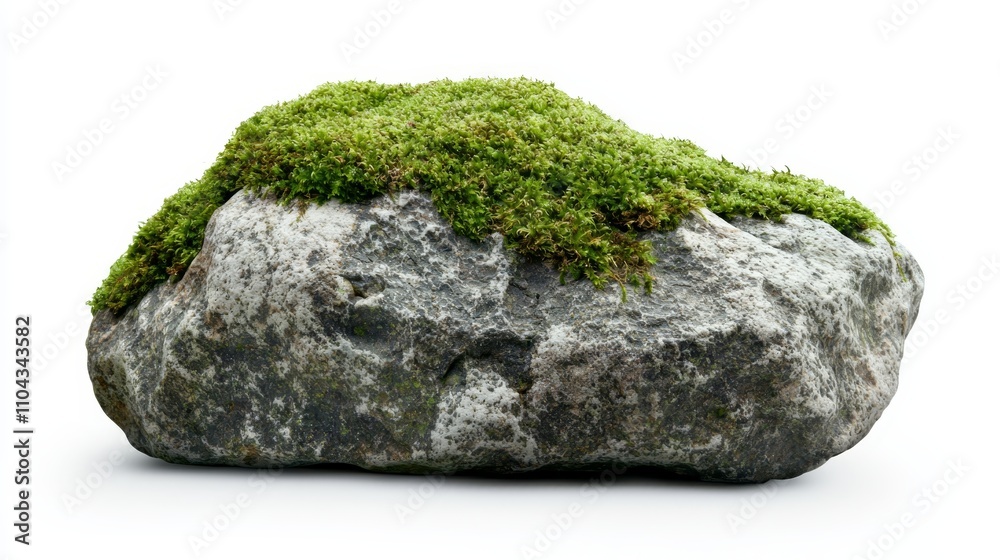 a rock with moss growing on top of it, set against a white background The moss is a vibrant green color, contrasting with the grey of the rock and the white of the a rock with moss growing on top of it, set against a white background The moss is a vibrant green color, contrasting with the grey of the rock and the white of the