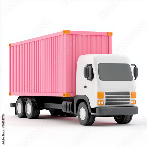 Illustration of Children's Cartoon Pink Truck Carrying Container, 3D Plasticine Icon, Colorful, Isolated on White Background