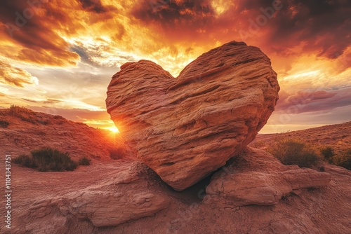 A heart-shaped rock formation in a desert landscape, with a dramatic sunset sky behind it,