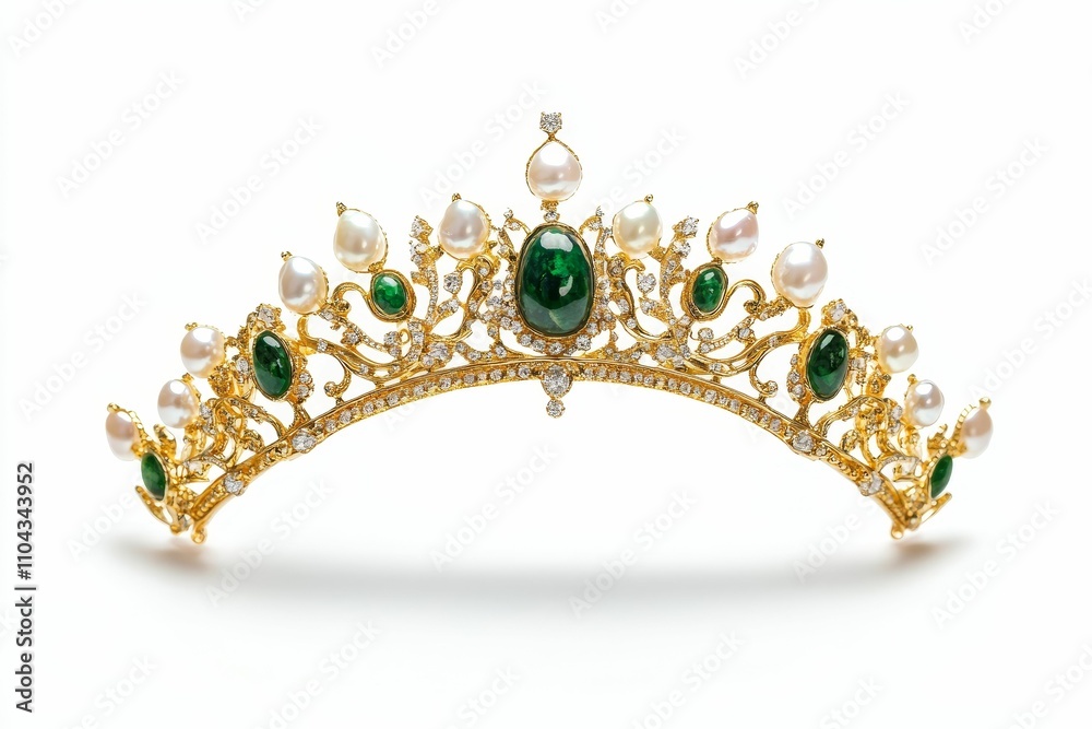 Fototapeta premium Ornate gold tiara; pearls, green gems.