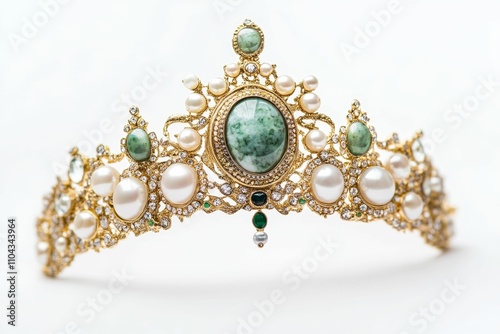 Ornate gold tiara, pearls, green stones.