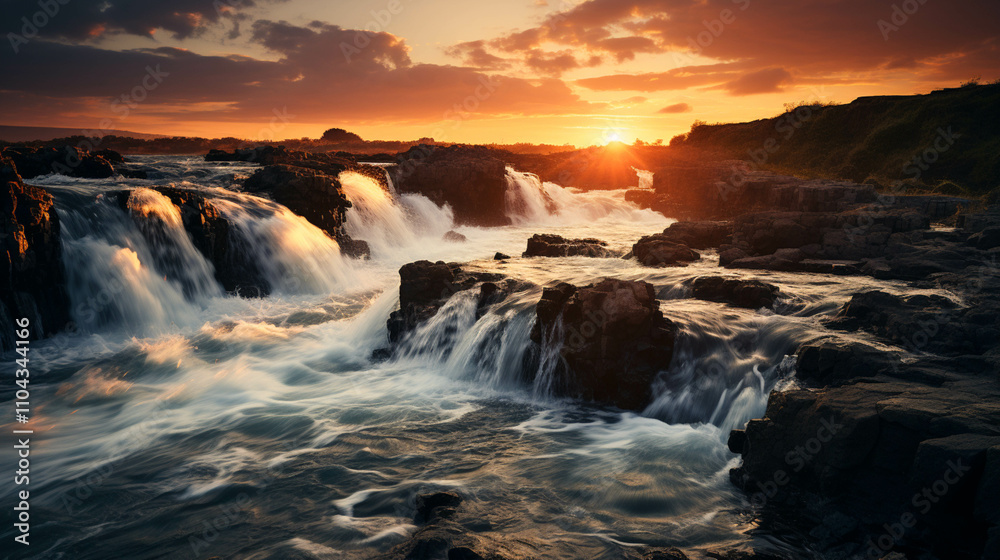A majestic waterfall with a sunset in the background