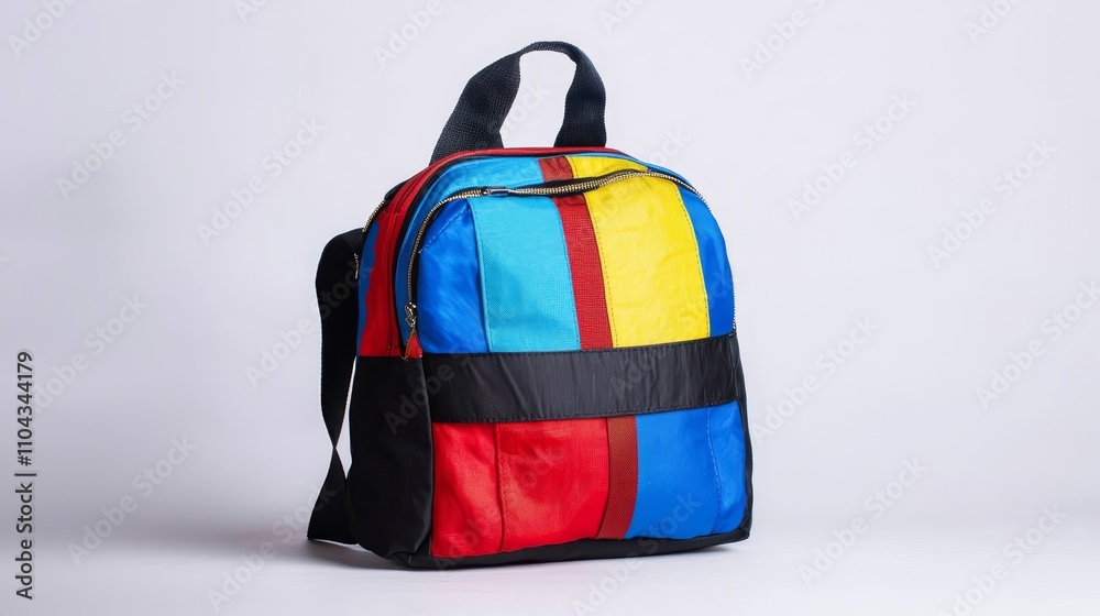 a colorful backpack on a white background It is composed of blue, red, yellow and black stripes, creating a vibrant and eye-catching look a colorful backpack on a white background It is composed of blue, red, yellow and black stripes, creating a vibrant and eye-catching look
