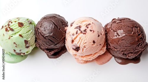  four scoops of ice cream in different colors on a white background