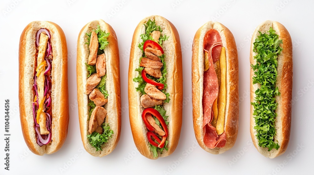 five hot dogs with different toppings on a white background The hot dogs are arranged in a line, with each one topped with a variety of toppings such as lettuce, t five hot dogs with different toppings on a white background The hot dogs are arranged in a line, with each one topped with a variety of toppings such as lettuce, t