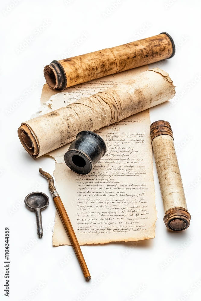 Aged scrolls, inkwell, quill, and handwritten script. Aged scrolls, inkwell, quill, and handwritten script.