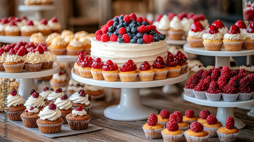 Assorted dessert display with cakes and berry-topped cupcakes on tiered stands Assorted dessert display with cakes and berry-topped cupcakes on tiered stands