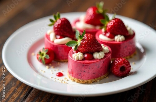 A set of small various heart-shaped cakes, decorated with ripe strawberries. Champagne in glasses. Concept for Valentine's Day, Mother's Day, Birthday