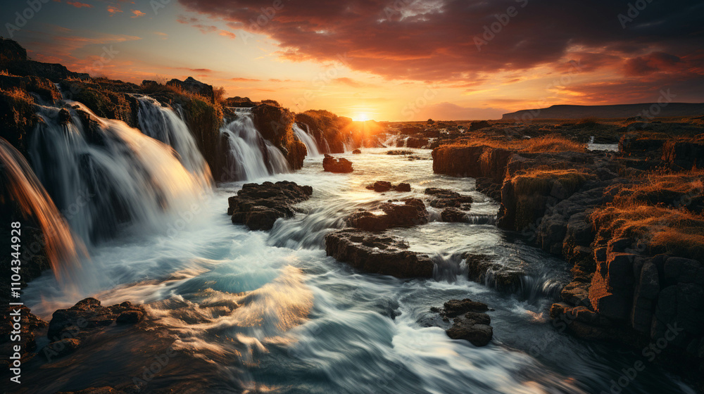 Fototapeta premium A majestic waterfall with a sunset in the background