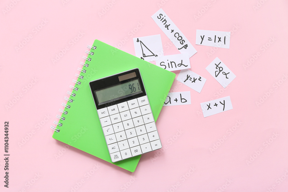Notebook, calculator, different math formulas and equations on pink background Notebook, calculator, different math formulas and equations on pink background