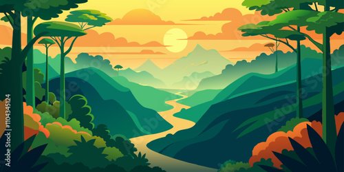 A vector illustration of a serene mountain jungle landscape with a river at sunset.