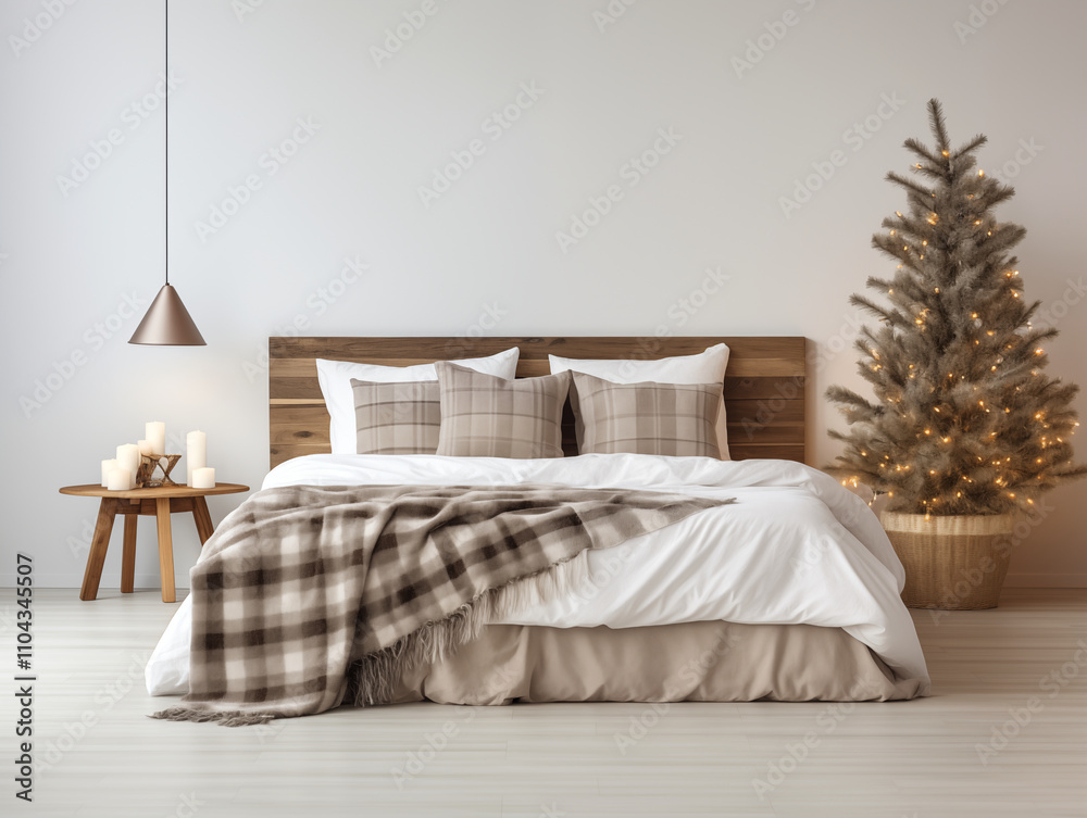 Scandinavian style modern minimalist bedroom with simple Christmas decor. Plaid accent interior. Christmas interior. Scandinavian style modern minimalist bedroom with simple Christmas decor. Plaid accent interior. Christmas interior.