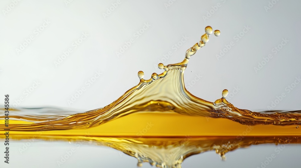 a splash of oil on a white background, creating a vivid contrast between the golden hue of the liquid and the stark white of the background The water droplet is in a splash of oil on a white background, creating a vivid contrast between the golden hue of the liquid and the stark white of the background The water droplet is in