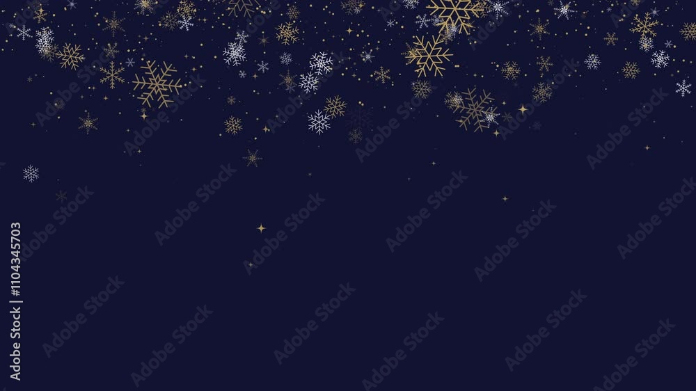 Festive Merry Christmas and Happy New Year. Border of gold and white snowflakes and a Christmas star. Winter dark blue loop background with falling snow.