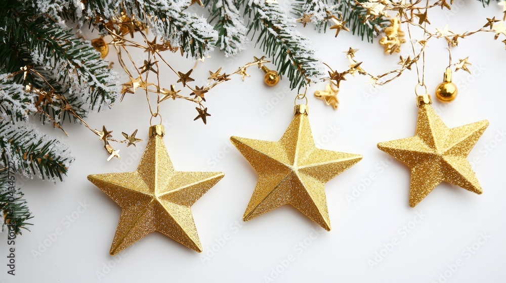 three gold stars hanging from a Christmas tree against a white background The stars are glimmering in the light, adding a festive touch to the scene three gold stars hanging from a Christmas tree against a white background The stars are glimmering in the light, adding a festive touch to the scene