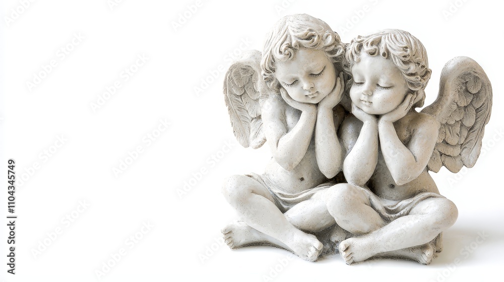a white statue of two cherubs sitting side by side on a white background The cherubs have wings and appear to be in a peaceful and serene pose a white statue of two cherubs sitting side by side on a white background The cherubs have wings and appear to be in a peaceful and serene pose