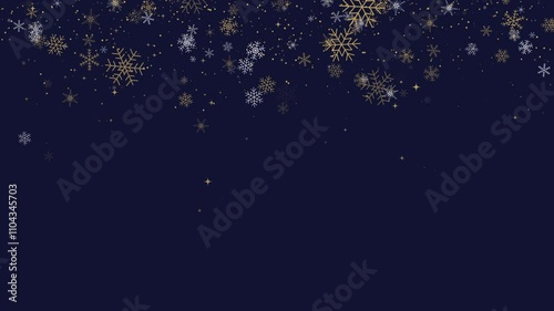 Festive Merry Christmas and Happy New Year. Border of gold and white snowflakes and a Christmas star. Winter dark blue loop background with falling snow.