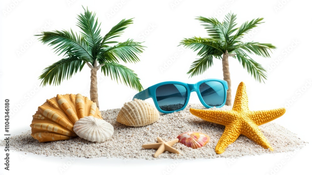 a beach scene with two palm trees, a pair of sunglasses, a starfish, and seashells scattered across the sand The background is a bright white, creating a peaceful a beach scene with two palm trees, a pair of sunglasses, a starfish, and seashells scattered across the sand The background is a bright white, creating a peaceful