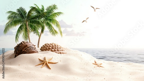  a beach with two palm trees and starfish on the sand The sky is filled with white, fluffy clouds and two birds are flying in the air The sea is visible in the bac