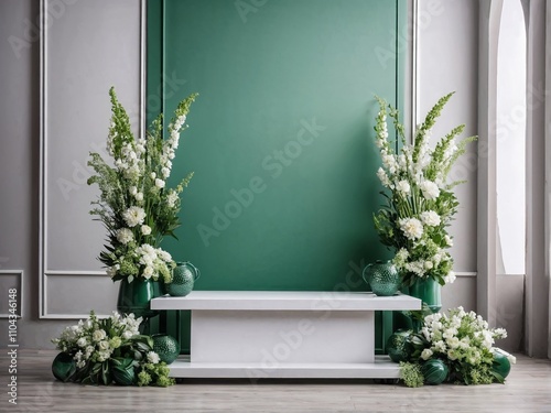 Green floral arrangements with elegant white podium for advertising macro products photo