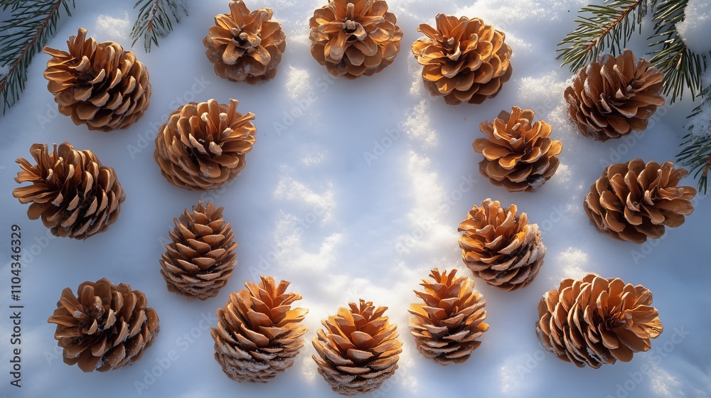 Obraz premium Pinecones encircle fresh, glowing snow, illuminated by golden light, creating a cozy winter mood