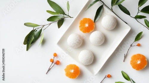 Wallpaper Mural 新鮮なみかんとおにぎりを描いた白い背景のミニマリストな航空写真 Torontodigital.ca