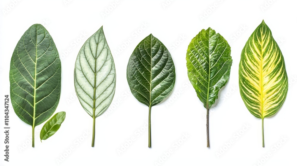 a set of four green and yellow leaves on a white background The leaves are arranged in a line, with each leaf having a unique shape and texture The colors of the a set of four green and yellow leaves on a white background The leaves are arranged in a line, with each leaf having a unique shape and texture The colors of the