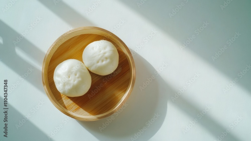 Fototapeta premium エレガントな白い背景に蒸しパン 2 個を空から撮影したミニマリストな画像