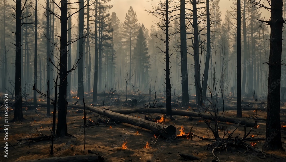 Burnt tree and bushes in a deforested area after a wildfire. Burnt tree and bushes in a deforested area after a wildfire.