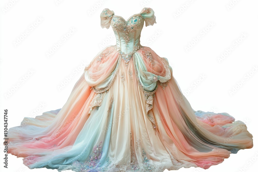 Pastel ombre gown, embellished bodice, flowing skirt. Pastel ombre gown, embellished bodice, flowing skirt.