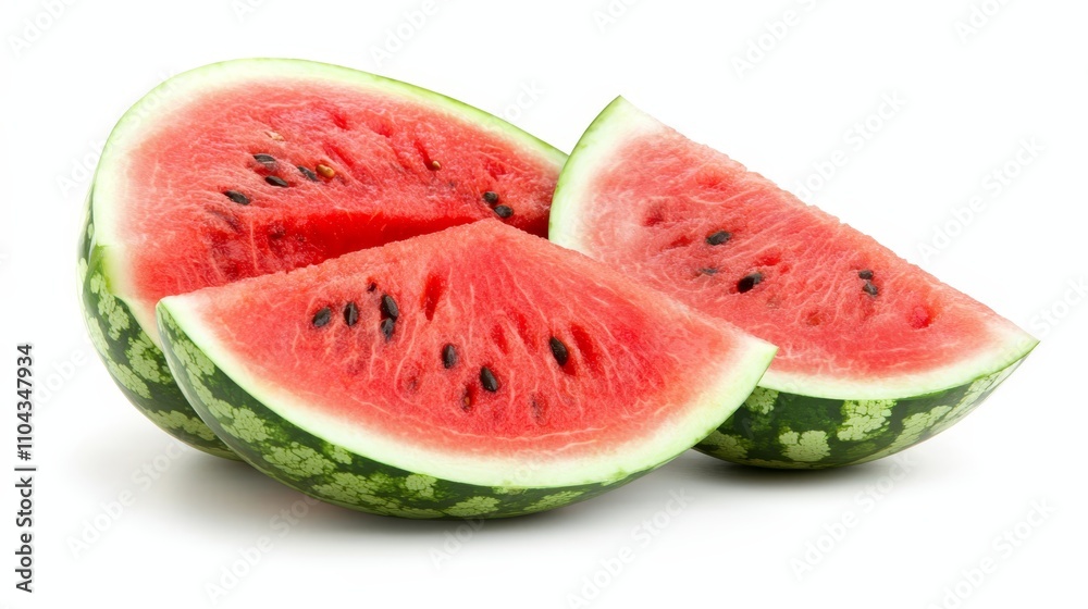  three slices of watermelon on a white background The watermelon slices are arranged in a triangular formation, with the largest slice in the center and two smaller