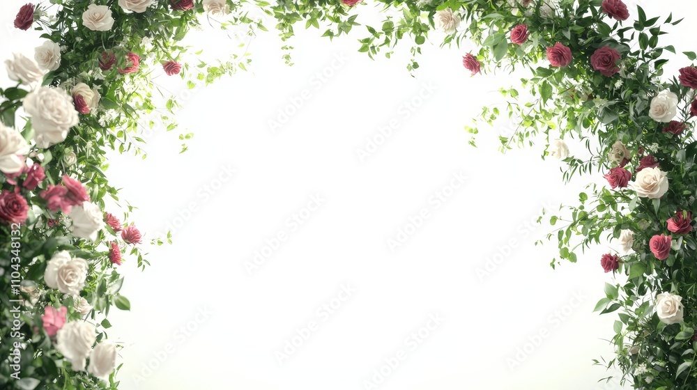 Fototapeta premium a wedding arch decorated with white and red roses and green leaves against a white background The roses are arranged in a symmetrical pattern, creating a beautiful
