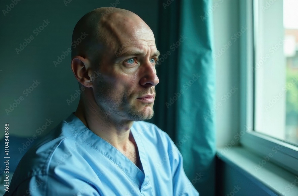 A healthcare worker in blue scrubs reflects while sitting near a window, deep in thought during a calm moment indoors. Generative AI A healthcare worker in blue scrubs reflects while sitting near a window, deep in thought during a calm moment indoors. Generative AI